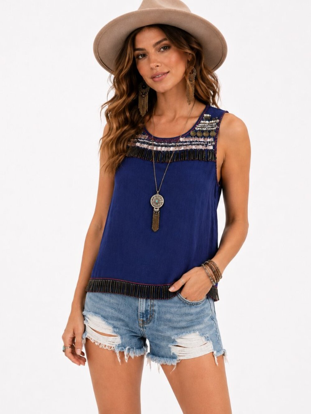 Sam Edelman Bohemian Rhapsody Top Womens S Cobalt Blue Beaded Boho‎ Luxe Blouse